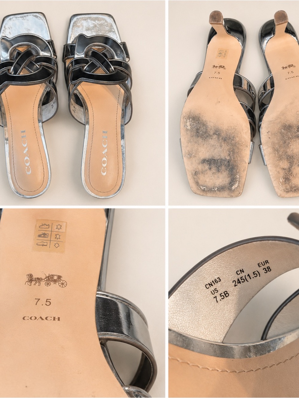 Coach Metallic Silver and Black Leather Knot Slide Mules